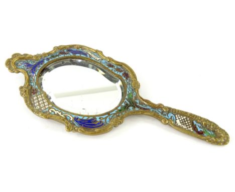 A Russian enamel hand mirror, of shaped form with gilt highlights and shaped bevel glass, unmarked, 23cm high, 10cm wide.