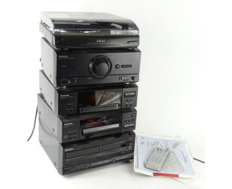 A Technics Akai semi automatic player hi-fi stacking system, model AP-500, with SE-CH530 amplifier, tuner sound processor ST-