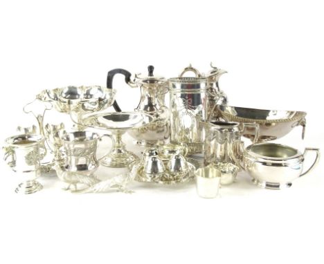 Various silver plated ware, pheasant ornaments, ewer 21cm high, jug, cruet set, tazza, egg cup stand with cups, shaped bowl e