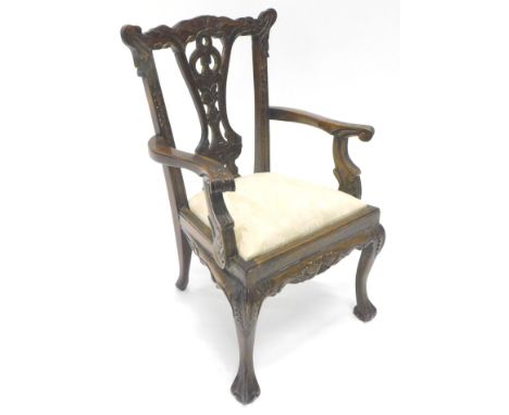 A 20thC Chippendale design mahogany miniature dining chair, with carved scroll cresting rail, pierced inverted back splat, sh