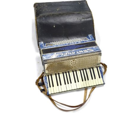 A mid 20thC Serenellini piano accordion, with chrome plated and material front, 22 white keys and four banks of sixteen butto