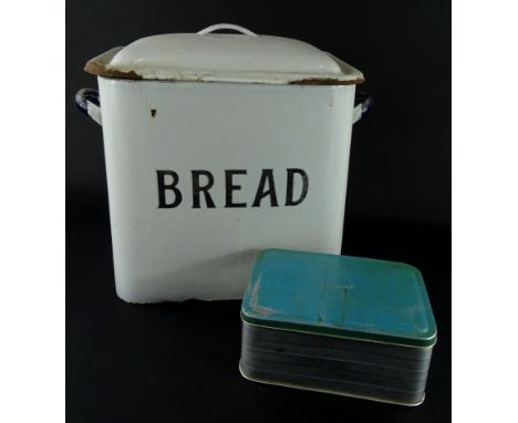An early 20thC enamel bread bin, with domed lid and fixed handles, in blue, white and black, 32cm high, 35cm wide, 19cm deep,