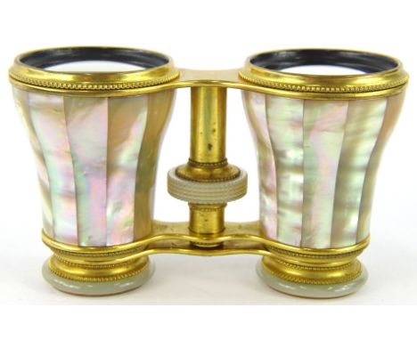 A pair of early 20thC J S Scott Paris &amp; Hull mother of pearl opera binoculars, with articulated centres, in gilt coloured