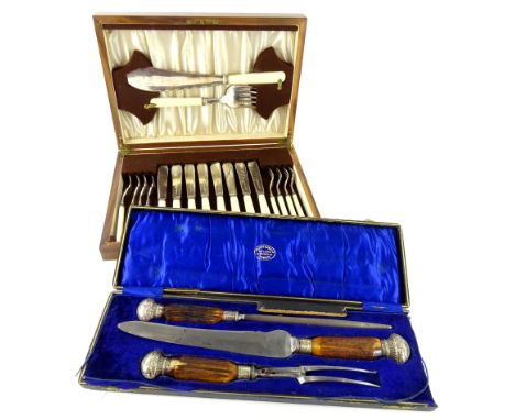 A cased horn handled carving set, in Smith &amp; Daniels case, with sharpener, 42cm wide and a cased silver plated fish eatin