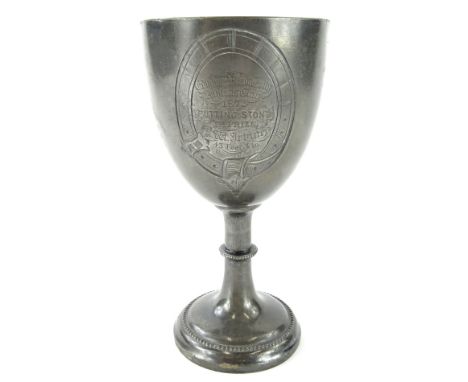 A 19thC pewter trophy, with inverted stem and circular beaded foot, the egg shaped body engraved Edinburgh University Athleti