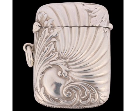 A late Victorian silver Vesta case, CT Burrows & Sons, Birmingham 1897, rectangular form with allover relief embossed foliate