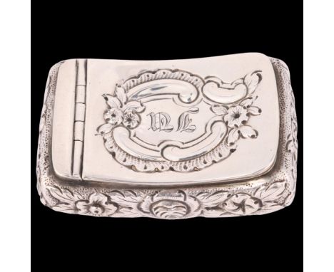 A George III silver snuff box, maker RB possibly Roger Biggs, London 1819, curved rectangular form with relief embossed folia