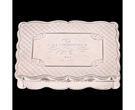 NATHANIEL MILLS - an early Victorian silver snuff box, Birmingham 1844, shaped rectangular form with allover engine turned de