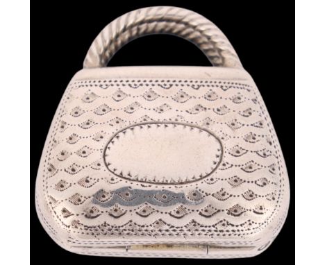 A George III novelty silver 'Handbag' vinaigrette, Ledsam & Vale, Birmingham 1820, bright-cut engraved decoration, with hinge