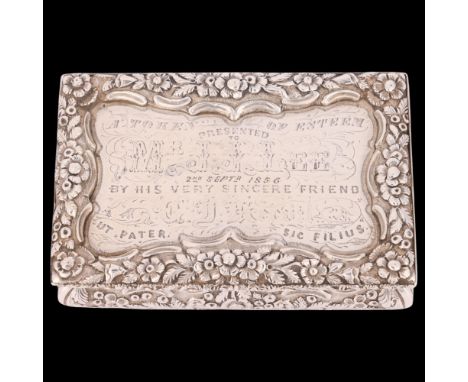 NATHANIEL MILLS - a William IV silver snuff box, Birmingham 1836, rectangular form with bulbous body having relief embossed f