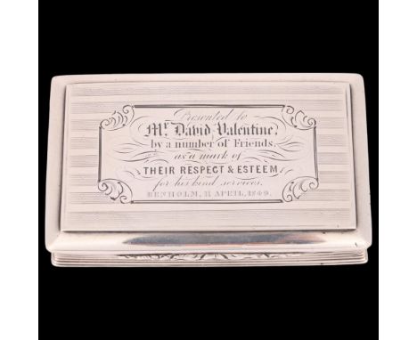 NATHANIEL MILLS - a Victorian silver snuff box, Birmingham 1845, rectangular form with engine turned decoration, reeded side 