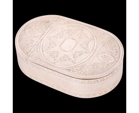 A George III silver table snuff box, Charles Hougham, London 1792, flattened oval form with allover chased floral swags, star