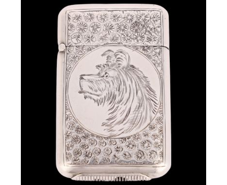 SAMPSON MORDAN & CO - a Victorian silver 'Hunting' Vesta case, London 1884, rectangular form with allover engraved decoration