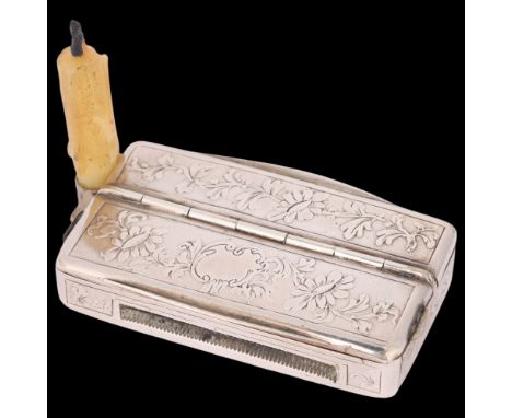 An Antique Continental silver combination Go-To-Bed/Vesta case, circa 1910, rectangular form with relief embossed foliate dec