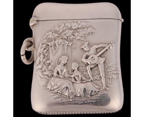 A late Victorian silver Vesta case, Henry Matthews, Birmingham 1899, shaped rectangular form with relief embossed Classical l