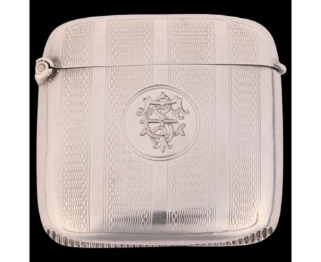 An Edwardian silver Vesta case, Henry Charles Freeman, Birmingham 1904, curved square form with allover engine turned decorat