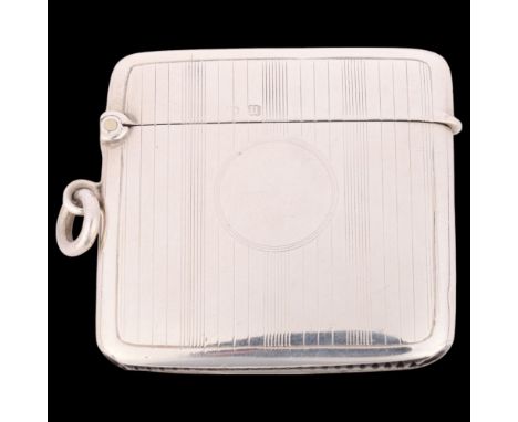 An Art Deco George V silver Vesta case, Saunders & Shepherd, Birmingham 1919, square slimline form with allover engine turned