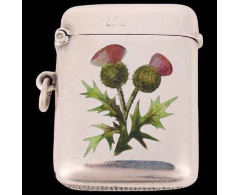 An Edwardian silver and enamel 'Thistle' Vesta case, John Millward Banks, Chester 1905, rectangular form with hand painted en