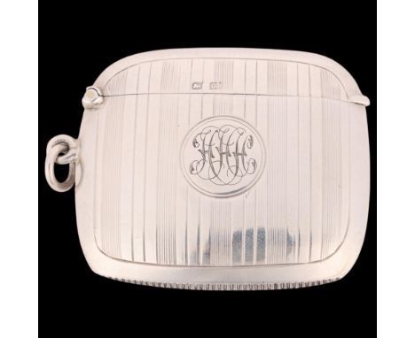 A George V silver Vesta case, A&J Zimmerman Ltd, 1913, rectangular slimline cushion form with allover engine turned decoratio