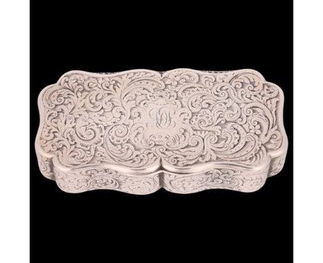 NATHANIEL MILLS - a William IV silver snuff box, Birmingham 1839, shaped rectangular form with allover chased foliate decorat