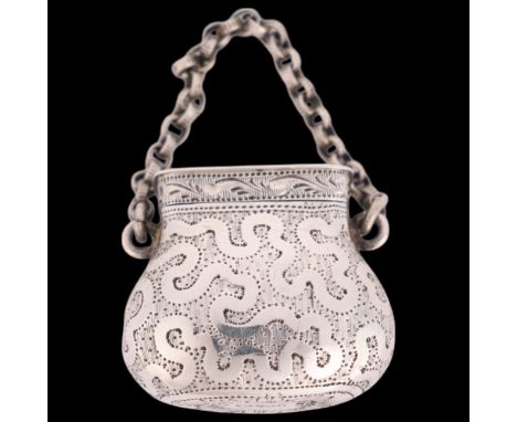A George III novelty silver 'Bag' vinaigrette, Ledsam & Vale, Birmingham 1820, bright-cut engraved decoration, with hinged co