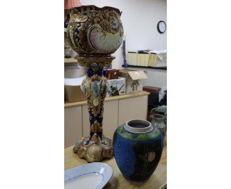 A jardiniere and stand and a ceramic cloisonne jar jardiniere overall 82cm