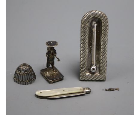 A group of small silver etc. including a mounted thermometer and a mother of pearl fruit knife.