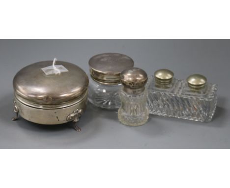 A George V silver trinket box, 2 silver topped glass boxes and a mounted 2 division ink pot