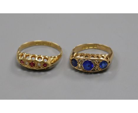 An early 20th century 18ct gold, ruby and diamond five stone ring and one other similar 18ct gold and gem set ring.