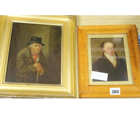 19th century English School, oil on board, portrait of a gentleman, 16 x 11cm and an oil on canvas, portrait, 22 x 17cm