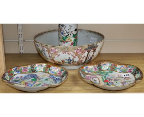 A quantity of 18th / 19th century Chinese ceramics including a pair of Chinese vases, a large bowl and a lamp bowl diameter 3