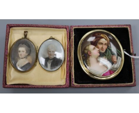 A 19th century porcelain oval panel of a lady and gentleman mounted as a brooch and two oval miniature portrait pendants.
