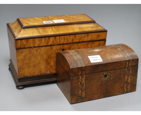 A birds eye maple tea caddy and a walnut caddy longest 33cm
