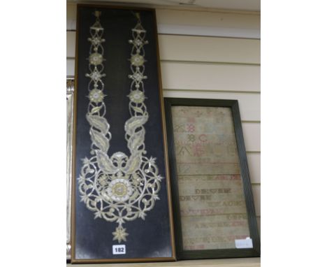 A framed sampler, label reads 1839 and a framed embroidered necklace