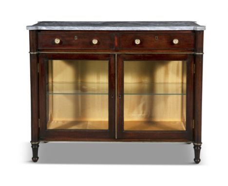 A GILT METAL MOUNTED MAHOGANY SIDE CABINET LATE 19TH/EARLY 20TH CENTURY,the shaped grey marble top above two drawers and glaz