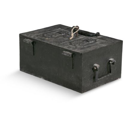 A CAST IRON RECTANGULAR DEED STRONG BOX EARLY 19TH CENTURY,the lid with cast crowned 'R' and upright arrow, fitted twin side 