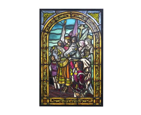 A PAIR OF CONTINENTAL STAINED GLASS PANELS EARLY 20TH CENTURY, depicting the arrival of Christopher Columbus, each within arc