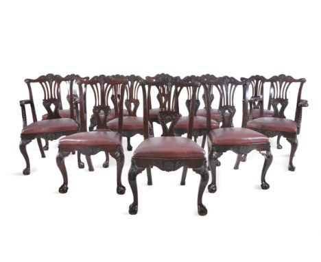 A SET OF TWELVE FRAMED MAHOGANY DINING CHAIRS BY BUTLER OF DUBLIN, 19TH CENTURY  following a design adapted from Thomas Chipp