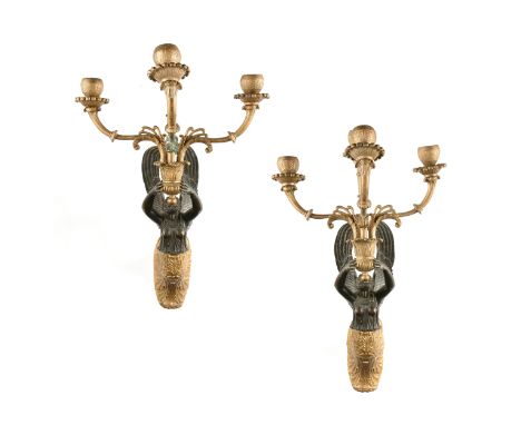 A PAIR OF EMPIRE STYLE PATINATED AND GILT BRONZE FOUR-LIGHT SCONCES, 19TH CENTURY, each with a demi-winged classical goddess 