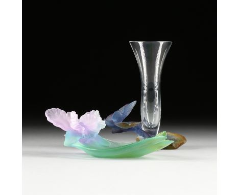 A DAUM PÃ‚TE DE VERRE CRYSTAL "BUTTERFLY" BUD VASE AND "ORCHID" DISH, SIGNED, LATE 20TH CENTURY, the Butterfly bud vase (Papi