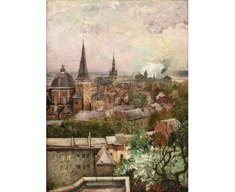LÉON PHILIPPET (Belgian 1843-1906) A PAINTING, "Vue Plongeante sur Liège," oil on canvas, signed and placed L/R. 39 1/2" x 29