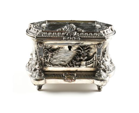A RENAISSANCE REVIVAL SILVER PLATED JEWELRY CASKET, BY E. BAZZOTTI, INDUSTRIA ARGENTINA, 20TH CENTURY, the hinged rectangular