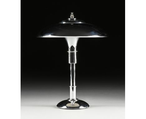 A BAUHAUS CHROME TABLE LAMP, DESIGN ATTRIBUTED TO MAX SCHUMACHER, EARLY/MID 20TH CENTURY, a ball and band finial over a stepp