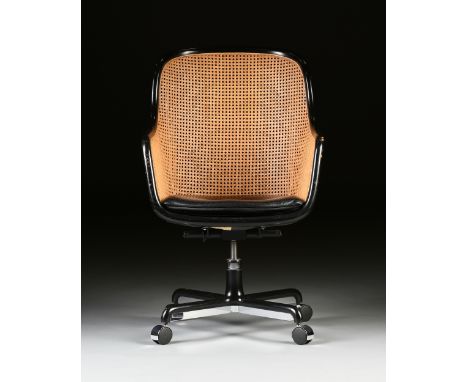 A WARD BENNETT CANE BACK BÈRGERE EN GONDOLE ROLLING ARMCHAIR, FOR BRICKEL ASSOCIATES, SIGNED, NEW YORK, 1964-1993, black oile