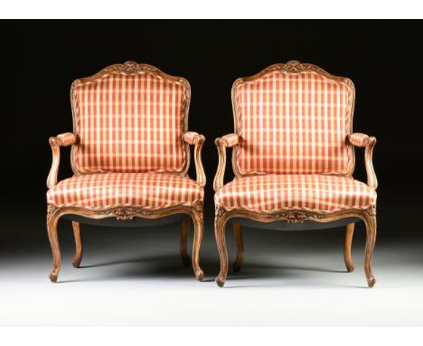 A PAIR OF LOUIS XV STYLE PLAID SILK UPHOLSTERED AND CARVED WOOD FAUTEUILS Ã€ LA REINE, MODERN, each with a serpentine arched 