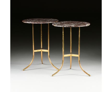 CEDRIC HARTMAN (American b. 1929) A PAIR OF MARBLE TOPPED BRASS END TABLES, "AE," DESIGNED 1973, each with a circular rouge m