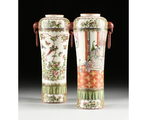 A PAIR OF VINTAGE CHINESE FAMILLE ROSE PORCELAIN VASES, POSSIBLY REPUBLIC PERIOD, EARLY 20TH CENTURY, each of tapering bud fo