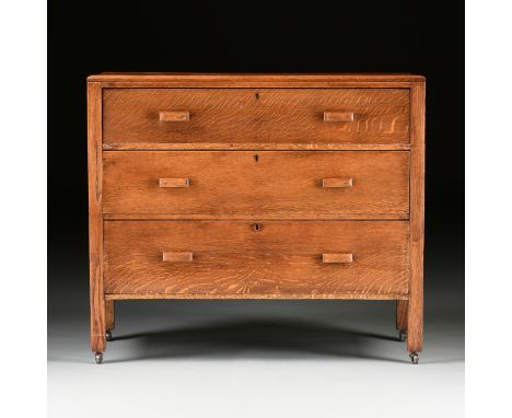 A MISSION TIGER STRIPE OAK CHEST OF DRAWERS, EARLY 20TH CENTURY, the rectangular top with chamfered edge above three graduate