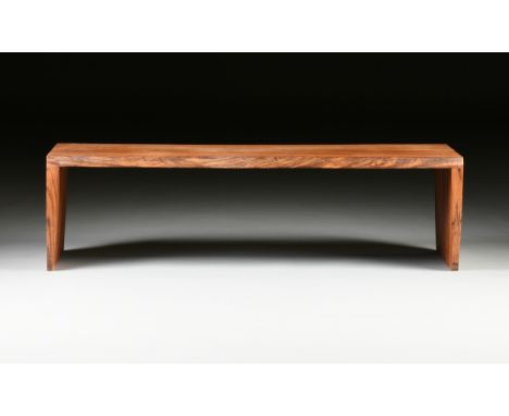 AN AMERICAN STUDIO FURNITURE STYLE TEAK BENCH, 20TH CENTURY, with semi sanded bark edges, asymmetrical, harmonious curves, an