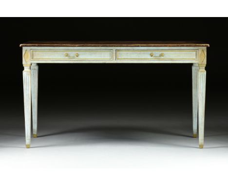 A DIRECTOIRE STYLE PAINTED WOOD BUREAU PLAT, LATE 20TH CENTURY, the rectangular brown stained top centering a large inlaid lo